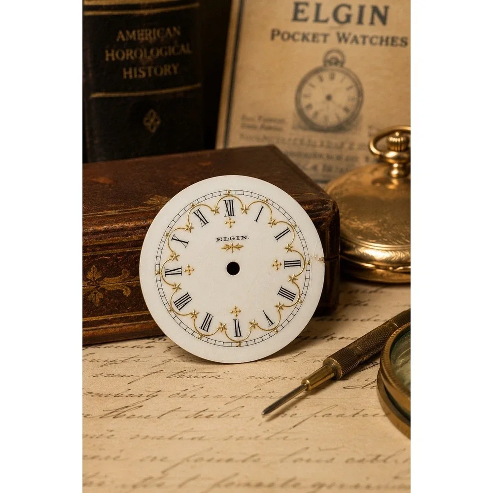 Vintage Antique Elgin Pocket Watch Dial Gold Leaf Porcelain Enamel 0s